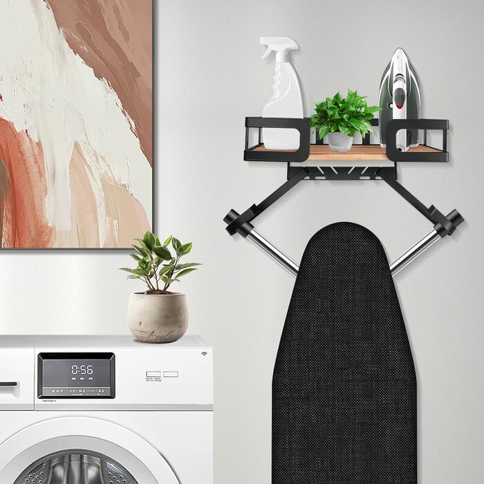 Настінна вішалка для праски та гладильної дошки з металевою конструкцією та кошиком для зберігання (чорна)