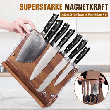 ENOKING Premium Plus Knife Block Magnetic, Magnetic Knife Block with Protection, High-Quality Magnetic Knife Holder, Acacia Wood Cutting Board with Double-Sided Strong Magnet for up to 14 Knives