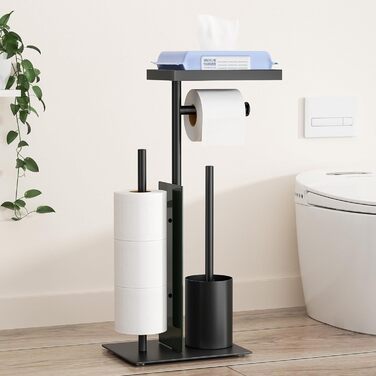Тримач туалетного паперу з щіткою для унітазу, чорний матовий (з контейнером для серветок та скляною полицею)