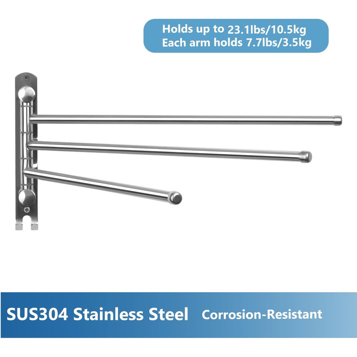 Тримач для рушників настінний поворотний 180° з нержавіючої сталі з 4-ма кріпленнями, для ванної, кухні та гардеробу, сріблястий