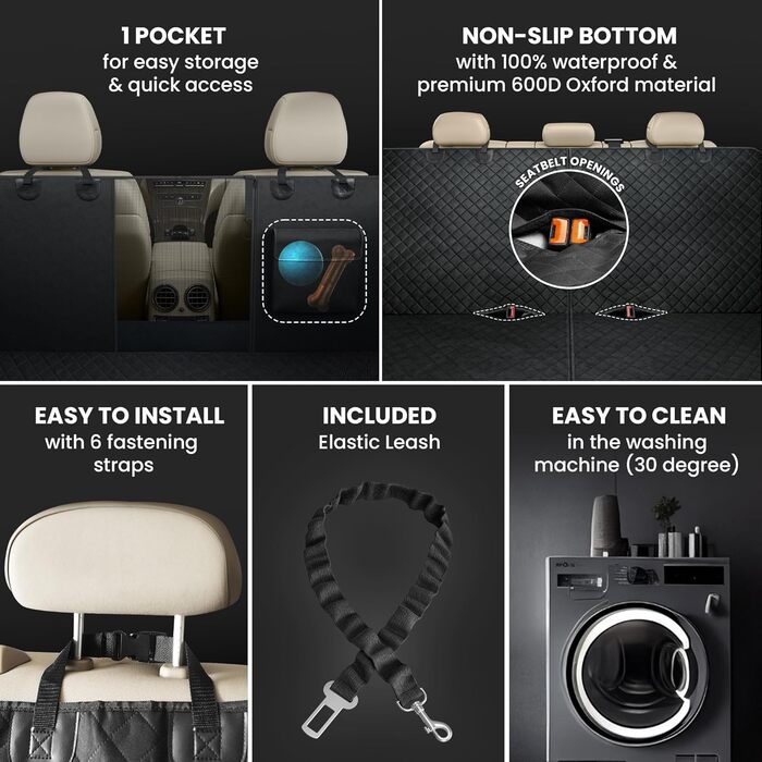 Захисний килимок для собак у машину: заднє сидіння, багажник, переднє сидіння + поводок для собак | Водонепроникний, антиковзкий, можна прати | Захист для багажника, сидіння автомобіля від собак | М'який, чорний, преміум-якість