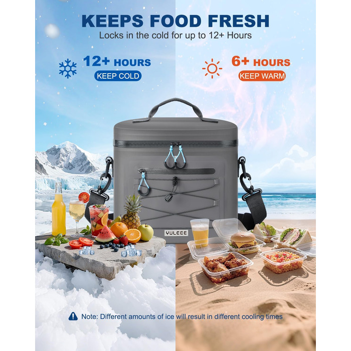 Термосумка-холодильник 15/24L, водовідштовхуюча, для пікніків, пляжу, кемпінгу, офісу, транспортування продуктів, сіра