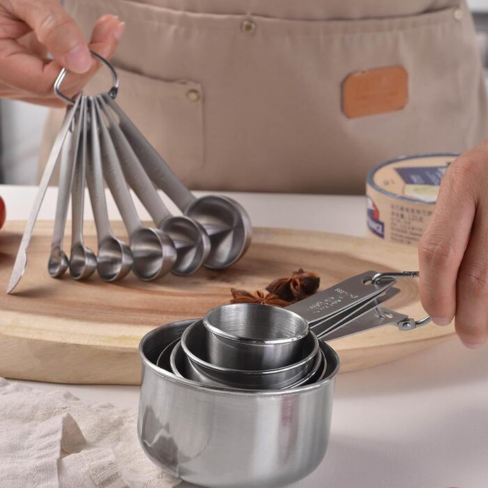 Stainless steel measuring cups, stainless steel measuring spoon set, 5-piece metal measuring cup set, nesting measuring cups, mini measuring spoons, stackable measuring cups for baking and cooking / 1366