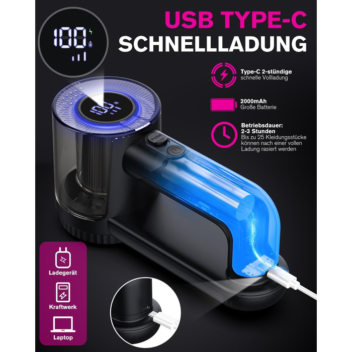 Електрична машинка для видалення кошлатання Homtronics, USB-зарядка, 3 режими, LED-дисплей, 6-лезовий ніж, для одягу, дивану, килимів, чорна