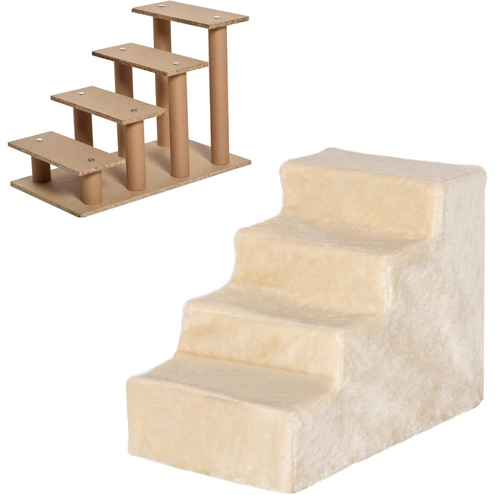 PawHut 4-Step Dog Stairs, 35 cm Cat Stairs for Bed and Sofa, Pet Stairs for Dogs and Cats up to 5 kg, Plush Appearance, Beige