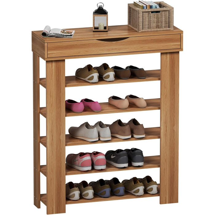 Soges 5-Tier Shoe Rack Shoe Cabinet Wood, 75 x 30 x 94.5 cm Shoe Storage Shoe Stand for Living Room, Entrance Hall, Hallway, Teak