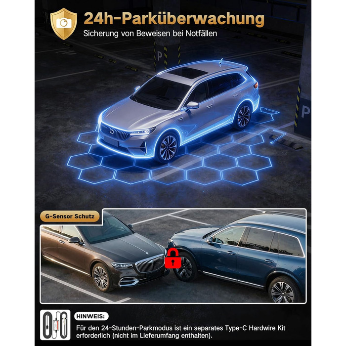 3-канальний автомобільний відеореєстратор 4K (передній, задній, салонний), 170° широкий кут, нічна зйомка, паркування 24/7, G-сенсор, WiFi 5.8 ГГц, SD-карта 64ГБ, чорний