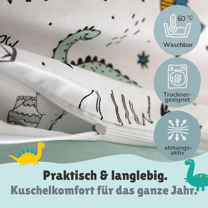Дитяча постільна білизна (2 шт.) з 100% бавовни Oeko-Tex: ковдра 100x135 см та подушка 40x60 см. Зручна дитяча постіль з блискавкою, дихаюча, регулює температуру, з зображенням динозаврів.