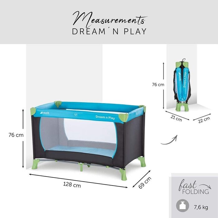 hauck Baby Travel Cot Set Dream n Play with Mattress - foldable baby travel cot with bag - Blue Waterblue