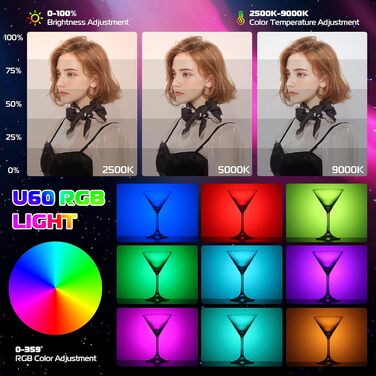 ULANZI U60 RGB LED Відеолампа: портативна фотоосвітлення з регулюванням температури кольору (2500-9000K), CRI 95+, 2500mAh, з кріпленням Cold Shoe та кліпсою