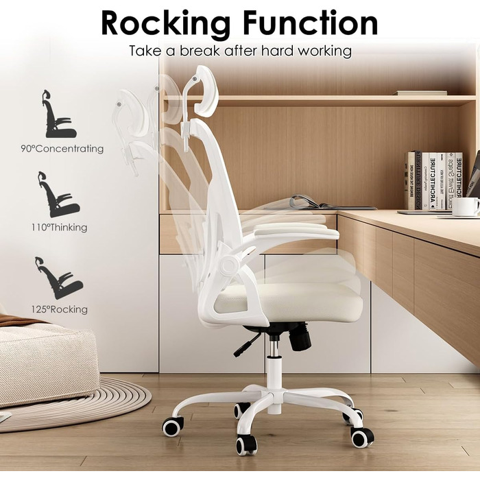 Ергономічне крісло Farini з регулюванням висоти, для офісу та дому, з підголівником, 150 кг, на роликах (білий)