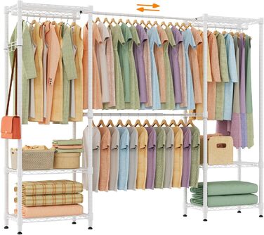 Тeleskopна штанга Himimi для одягу з 4 перекладинами та 6 регульованими полицями, 1 гачок, телескопічна система полиць B (175-230) x H180 см, адаптована для різних приміщень (білий)