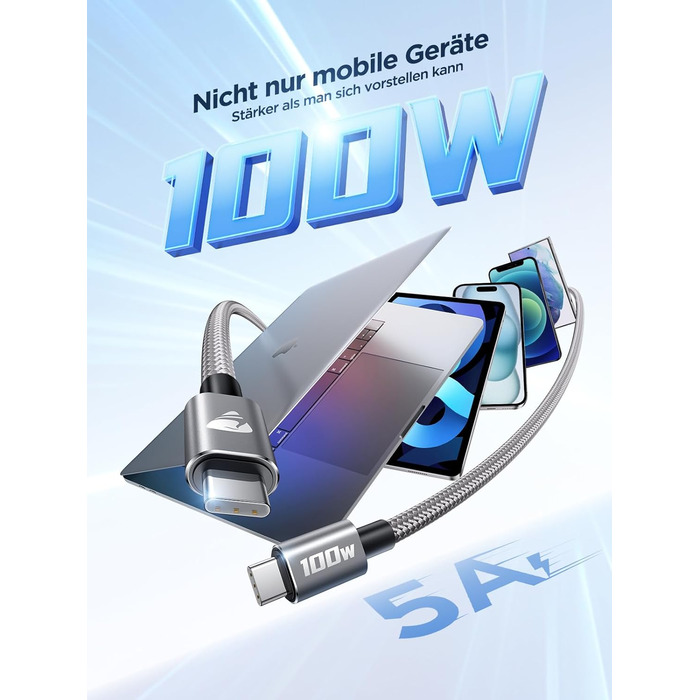 Кабель USB-C на USB-C [2 шт. 2м+2м] 100W, нейлон, сірий. Підтримка швидкої зарядки PD для iPhone, Samsung, iPad, MacBook, Pixel, Switch