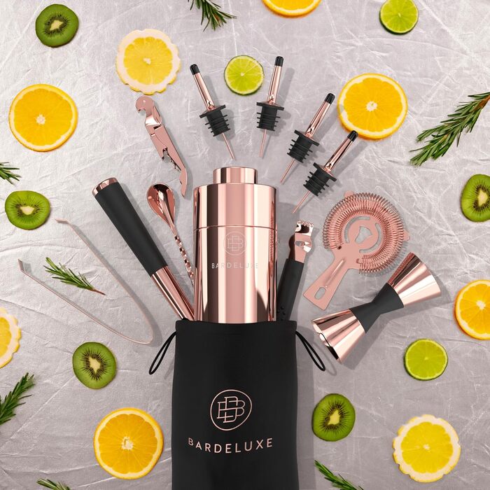 Набір для коктейлів BarDeluxe® 12 предметів: шейкер, міксер, аксесуари | 750 мл, нержавіюча сталь, рожеве золото | Преміум подарунковий набір для барменів