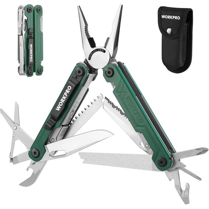Мультитул WORKPRO 18 в 1: мультиінструмент з нержавіючої сталі з ножем, відкривачкою, ножицями, кліпсою для ременя. Ідеально для кемпінгу, ремонту, подарунок. У комплекті сумка.