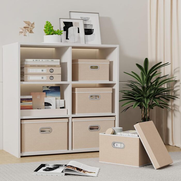 Yawinhe 3-Piece Storage Boxes with Lids, Foldable Fabric Box with Handles, Storage Boxes, for Bedroom, Clothes Storage, 32x23x20cm, SNK023G-3 (32x23x20cm/3-Pack, Beige)