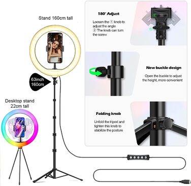 Кільцева лампа Ringlicht з штативом для телефону, 10 дюймів, 3 денне світло + 47 RGB режимів, регульована яскравість, 160 см, для YouTube, селфі, макіяжу, TikTok