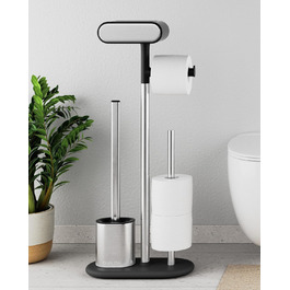 QUALISH Stainless Steel Toilet Paper Holder with Brush - Standing Toilet Paper Roll Holder with Silicone Brush - White & Black Finish