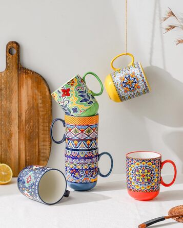 HENXFEN Ceramic Coffee Mugs, 410ml Coffee Cups Set with Handle, Porcelain Mugs for Tea Coffee Milk Cappuccino, Colorful, 6-Pack - Bohemian Style
