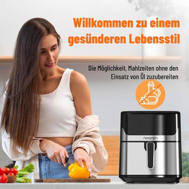 Фритюрниця Noaton з гарячим повітрям 6,2 л, цифровий Air Fryer, 8 програм, 1600 Вт, без олії, регулювання температури 80-200°C, з кулінарною книгою та кухонними щипцями, компактна