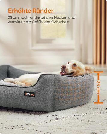 Ліжко для собак Feandrea, м'який лежак для собак з льоновим покриттям, кошик для собак, підняті бортики, неслизьке дно, знімний та пральний чохол, L, для середніх собак, 90 x 75 x 25 см, світло-сірий