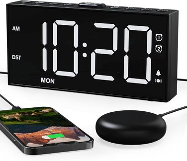ROCAM Vibration Alarm Clock, Loud Alarm Clock for Deep Sleepers, 7'' Large Display, Bold Font, Digital, Adjustable Brightness, Dual Alarm, Snooze, USB Charger, for Use in the Bedroom (white)