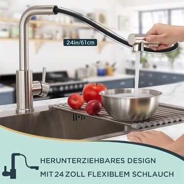 Змішувач кухонний FORIOUS з висувною лійкою та душем, 360° обертання, 2 режими, нержавіюча сталь