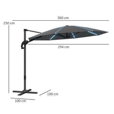 Сонячний парасоль з алюмінію Outsunny з LED-підсвіткою, сонячний, Ø300см, регульована висота, парасоль з ручним підйомом, стійка, SPF 50+, водовідштовхувальний, 360° обертання, торговельний парасоль, регульований нахил, садовий парасоль, захист від сонця 