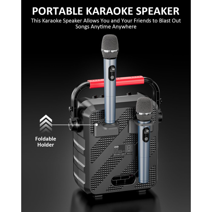 Портативна караоке-машина з 2 мікрофонами та LED-підсвіткою, Bluetooth, AUX, USB, TF, TWS, для вечірок та подарунків (дорослим та дітям)