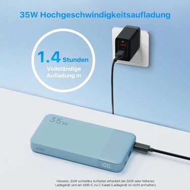 Power Bank Nobis 10000mAh 35W з USB-C кабелем та цифровим дисплеєм (блакитний)