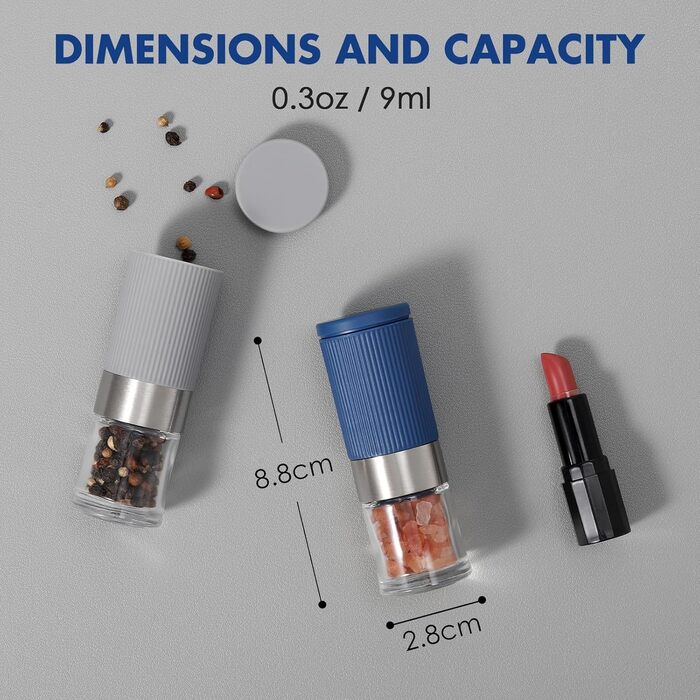 Набір міні-меленців для солі та перцю Vzaahu (2 шт.) з керамічним механізмом, кориця, регульована ступінь помелу, сірий та блакитний, портативні, багаторазові