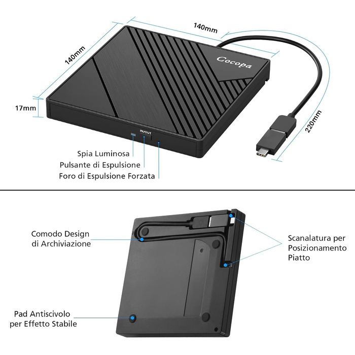 Зовнішній USB 3.0 CD/DVD-привід Cocopa Masterizzatore: портативний Ultra Slim DVD-RW/CD-RW плеєр для ноутбука та ПК (Windows, macOS, Linux)