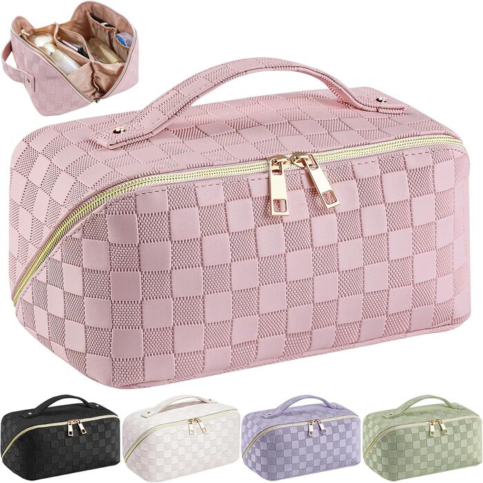 Жіноча косметичка для подорожей з великим об'ємом, водонепроникна, з перегородками, органайзер (кремовий абрикос) (рожевий пудра)