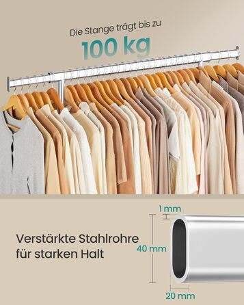 SONGMICS Clothes Rack on Wheels, Heavy-Duty Garment Rack, Extendable Clothes Rod, Load Capacity up to 100 kg, Easy Assembly, Portable, Silver HSR13S