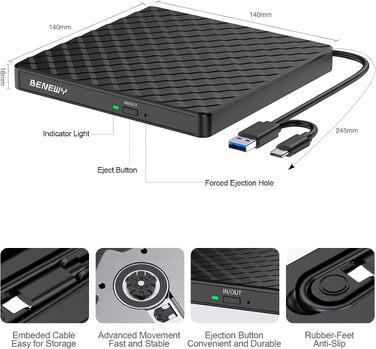 Зовнішній DVD CD привід BENEWY USB 3.0 та Type-C, портативний DVD-плеєр та записувач +/-RW для ноутбука, ПК, MacBook (Windows, Linux, Mac), чорний