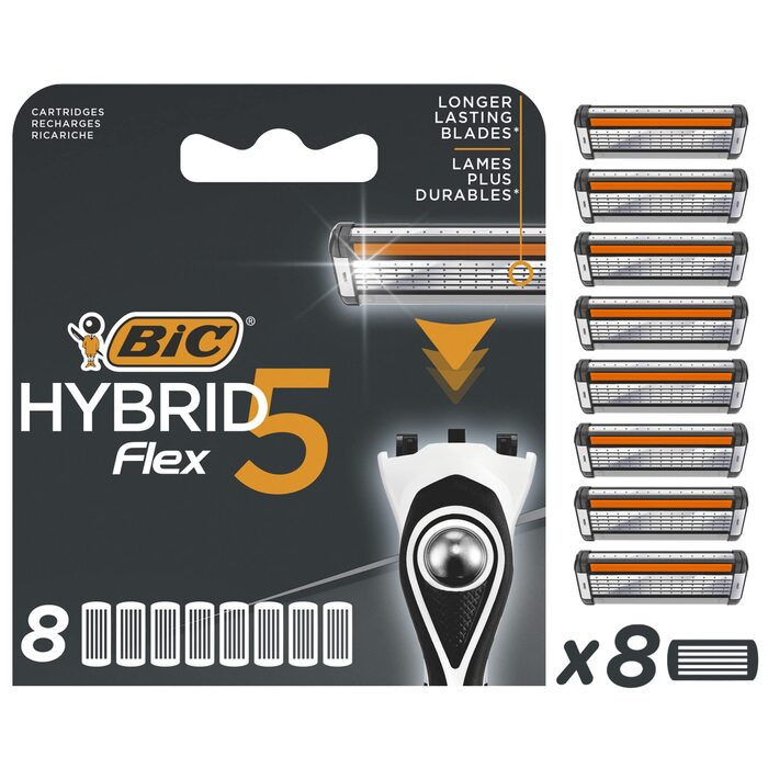 Чоловіча бритва BIC Hybrid 5 Flex, вологий гоління, 5 лез, з алое вера та вітаміном E, з тримером для точного гоління (1 бритва + 8 змінних касет)