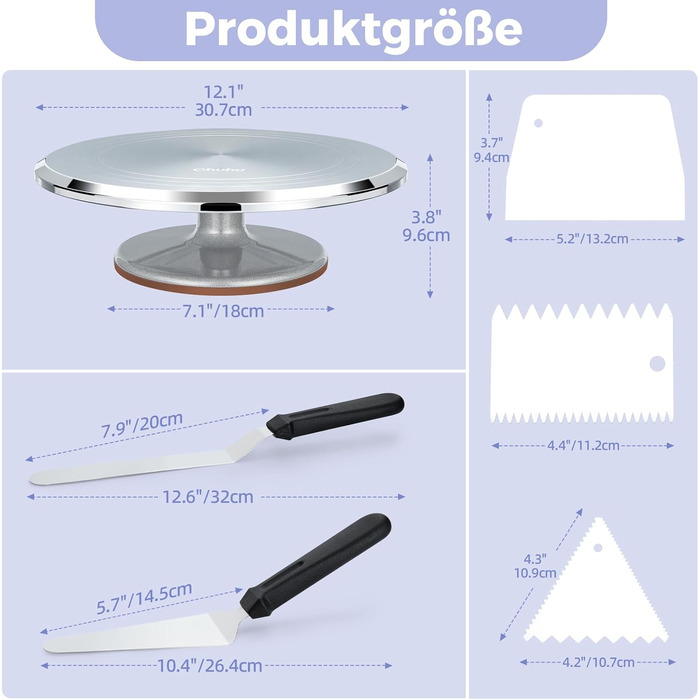 Ohuhu Поворотна платформа для тортів, 30 см, алюмінієвий сплав, з 2 шпателями та 3 скребками для декорування та випікання, подарунок для кондитерів, срібна