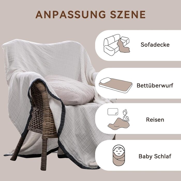 М'яка ковдра Softexly з бавовни 100%, 4-шарова муслінова ковдра, покривало для ліжка, дивана, софи, для дому, біла, 130x150 см