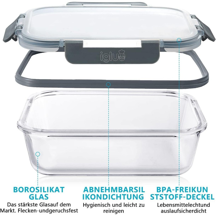 Набір контейнерів для їжі Igluu Meal Prep (5 шт.) – 1050 мл, Borosilikatglas, BPA-free, для мікрохвильовки, духовки, морозильника, посудомийної машини, витікання неможливе