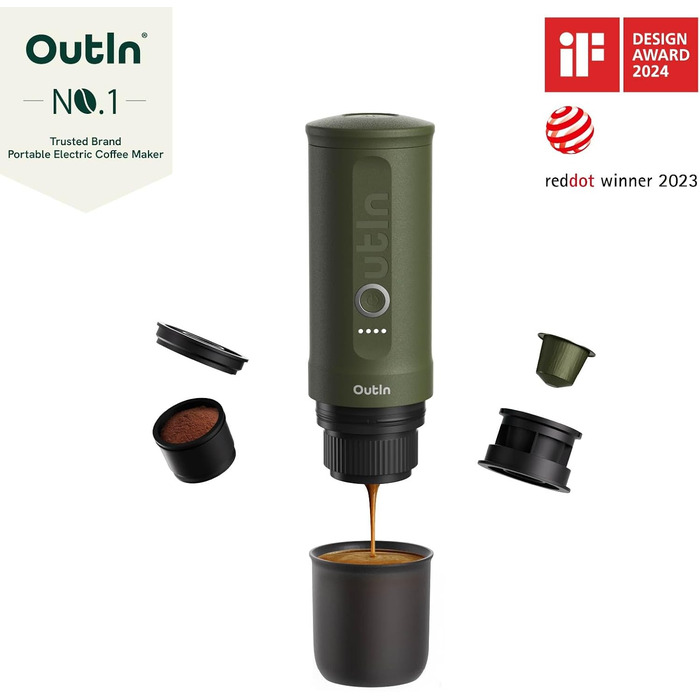Outin Nano Portable Electric Espresso Machine, Camping Coffee Maker, Self-Heating with USB-C, Compatible with Ground Coffee & Nespresso Capsules, Forest Green