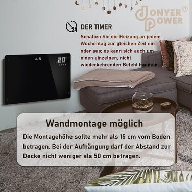 Конвектор DONYER POWER 2500W з Wi-Fi, чорний, з таймером та пультом керування, скло, настінний/підлоговий