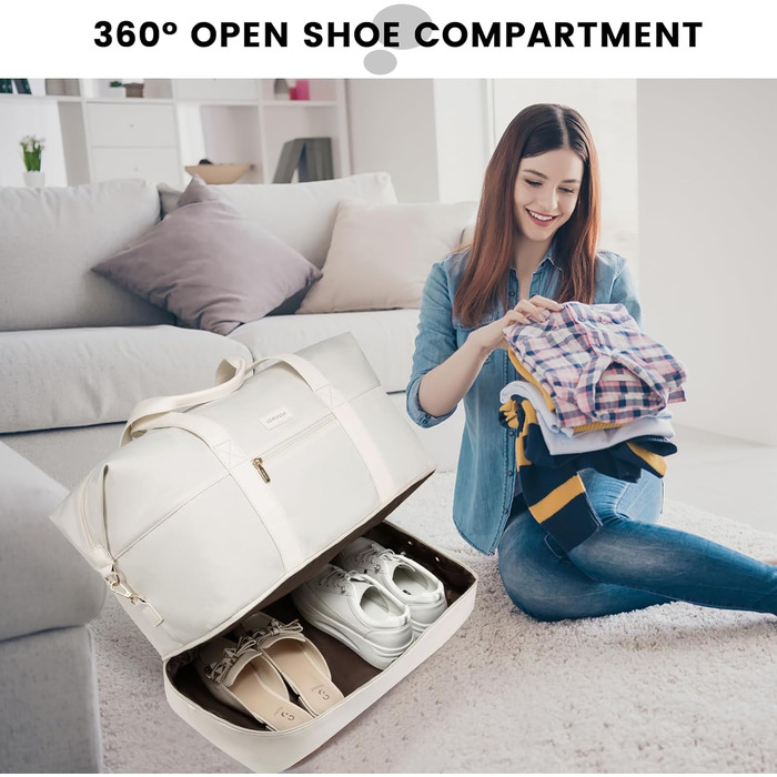 Спортивна сумка-дорожня LOVEVOOK Weekender бежева 50x38x25 см з відділенням для взуття та косметички для подорожей, ручної поїздки, пологового будинку