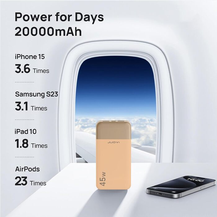 Power Bank JUOVI J2621, 20000mAh, 45W, для Switch, MacBook, iPhone, Samsung, Steam Deck та інших пристроїв (Оранжевий)