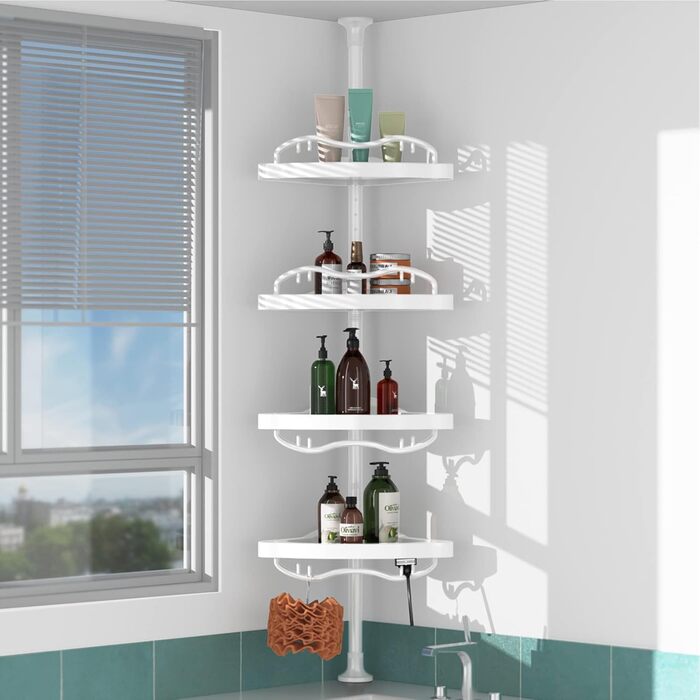 Shower Shelf No Drilling, 137-289cm 4-Tier Adjustable Telescopic Corner Shower Shelf, Shampoo Holder for Shower and Bathtub, Bathroom Kitchen Corner Shelf/White