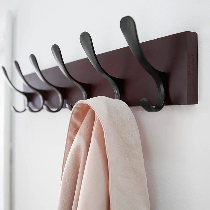 SKOLOO Wall Mounted Coat Rack - Wood Brown Wall Coat Rack Hooks Wall Organizer Clothes Hanger Rack with 6 Hooks for Hanging Coats, Hats, Clothing, Scarves, Brown & Black 1 Brown (6 Hooks)