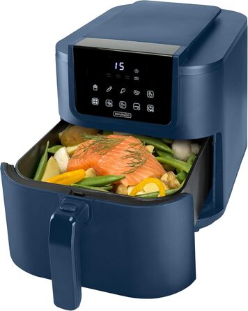 Фритюрниця повітряна BOURGINI з керамічним покриттям, 8 л, блакитна. Безпечна для здоров'я, не містить шкідливих речовин (PFAS, C6, PFHxA, PTFE, PFOA та BPA). Компактний формат.