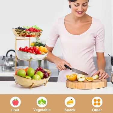 Керамічна фруктова миска для кухонного столу, 3-ярусна, з металевим підставкою, розсортована полиця для стільниці, сучасна миска для подачі їжі на вечірку, десерти, овочі, закуски, невелика