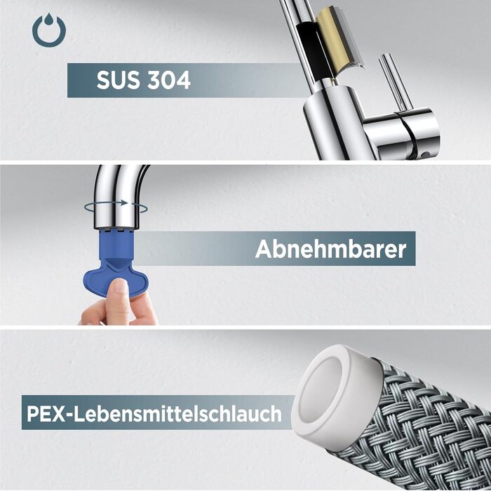 Змішувач кухонний FORIOUS, поворотний 360°, L-подібний, для 1 отвору, полірований хром