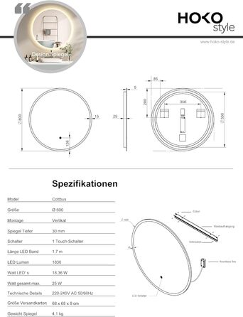 Круглий настінний дзеркало HOKO 60см з LED підсвічуванням, сенсорне управління, пам'ять, регулювання світла 2700-6500K (тепле/холодне/нейтральне), 60x60 см, срібло