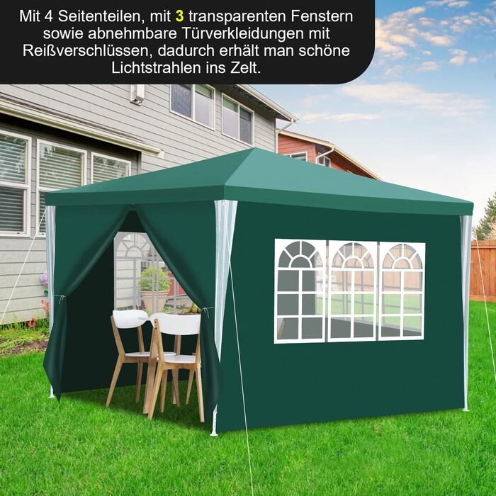 Waterproof Garden Pavilion, Gazebo, Stable and Winter-Proof with 4 Side Panels and Windows, Garden Party Tent with UV Protection 50+ for Parties, Market Stalls, Flea Markets, and Camping, Green, 3x3m